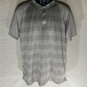 Three Sixty Six Mens Large L Golf Polo Shirt‎ Grey Striped Blade Collar Athletic